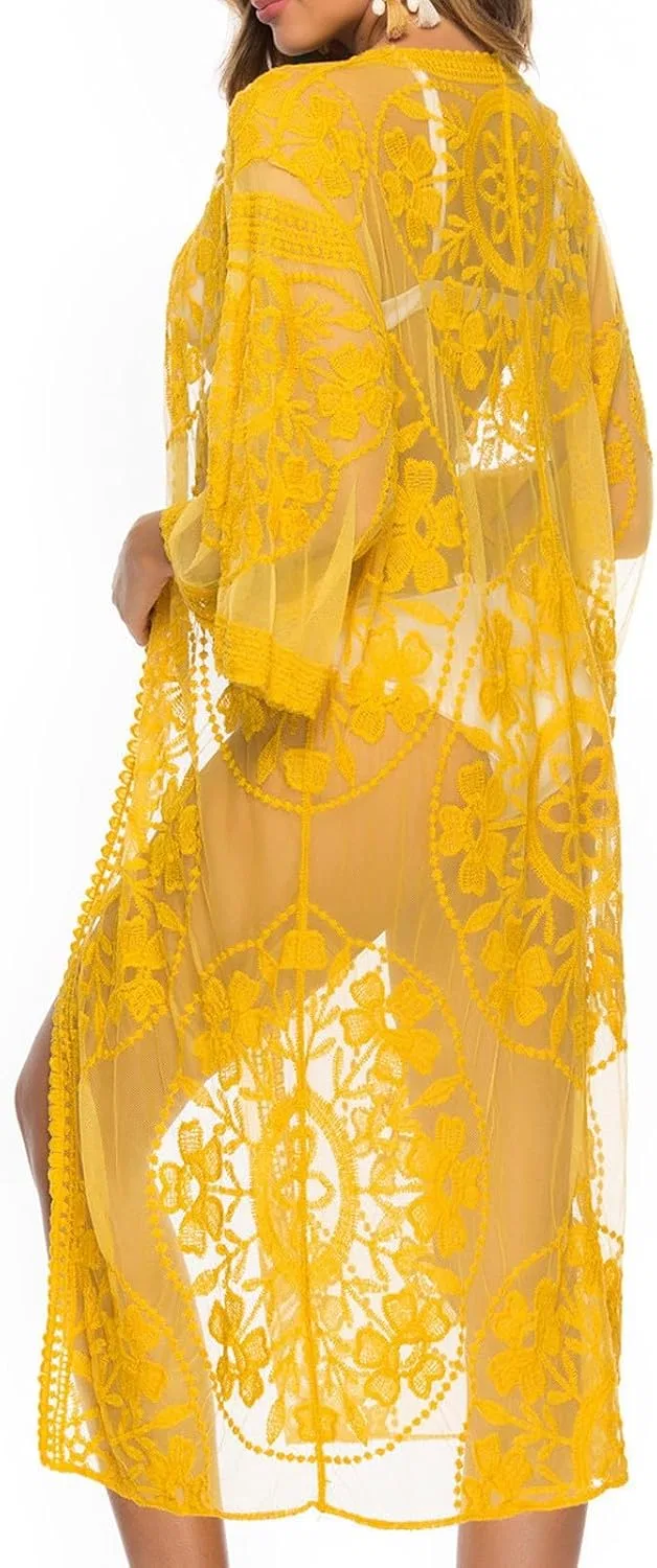 Женская пляжная накидка с кружевом и кисточками, Yellow — фото 3