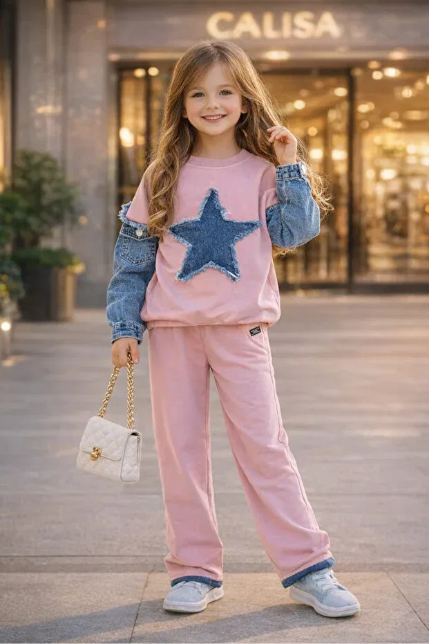 Детский комплект для девочек из свитшота и брюк с принтом Denim Star Detailed Black Set Calisa, Pink