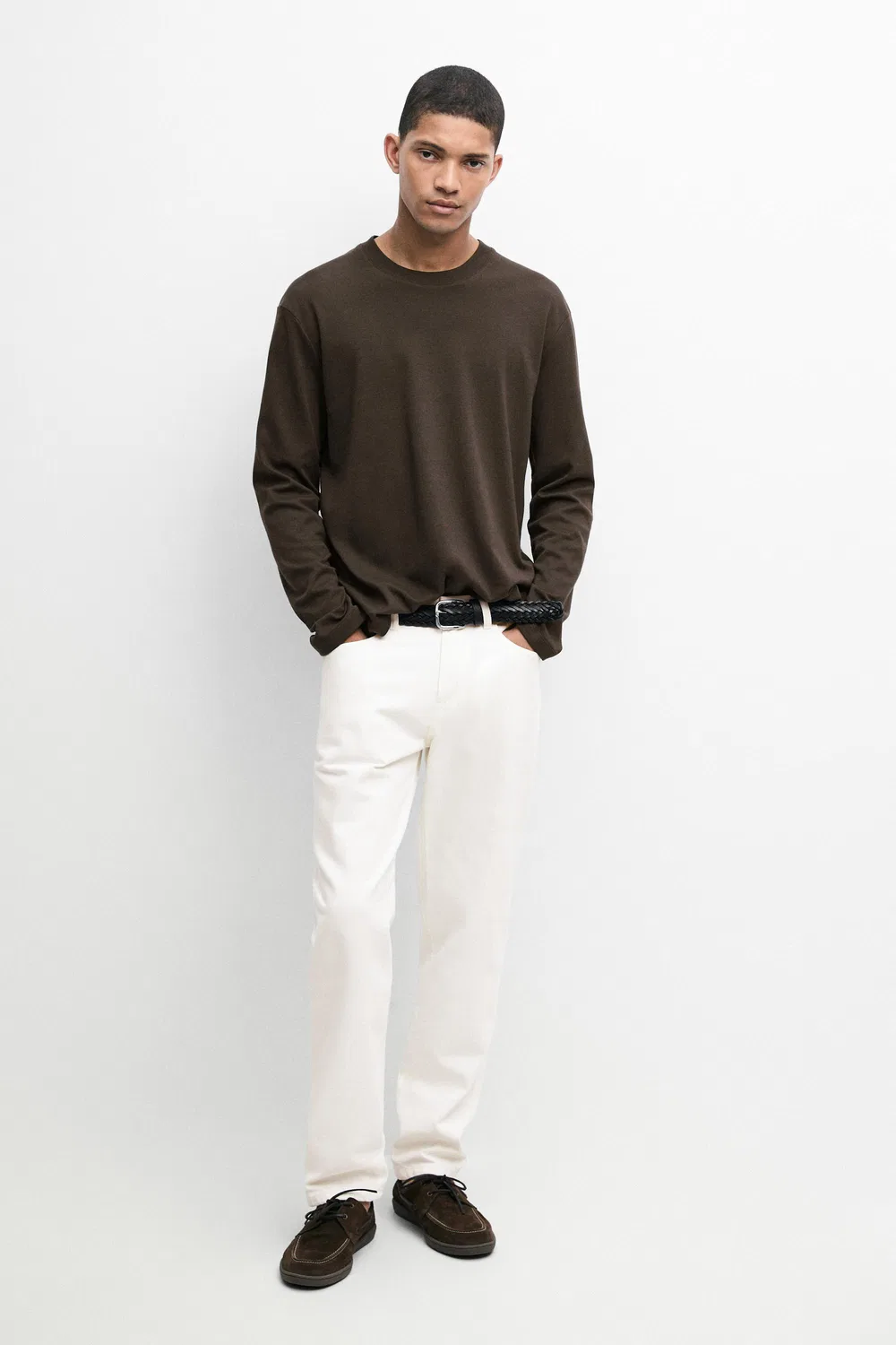 Лонгслив Massimo Dutti 100% Cotton, бледная охра — фото 3