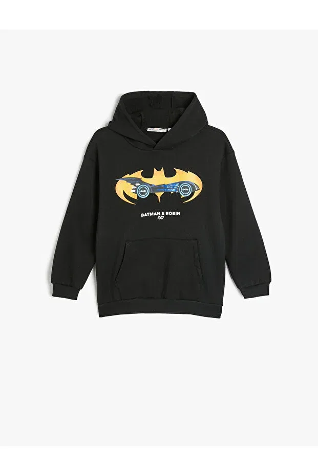 Детское худи для мальчиков с принтом Batman Hooded Sweatshirt Licensed Long Sleeve Ribbon Koton, Black