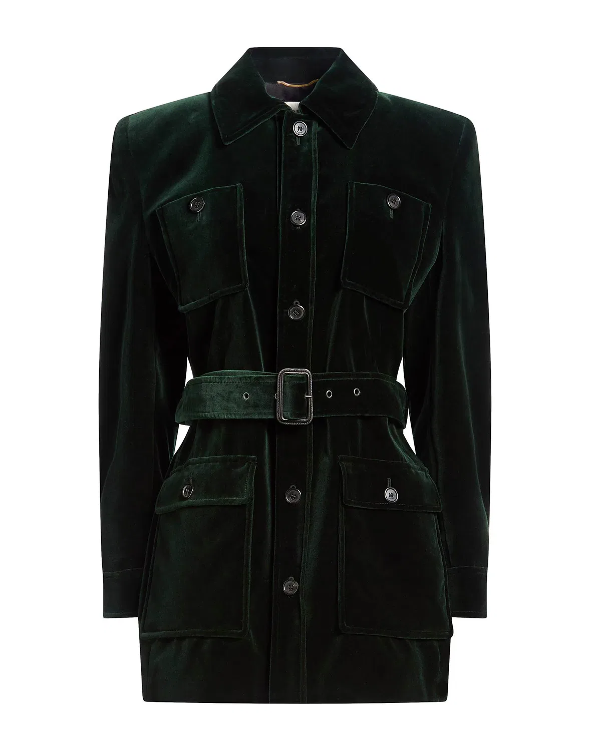 Женское пальто с поясом из вельвета Saint Laurent, темно-зеленый