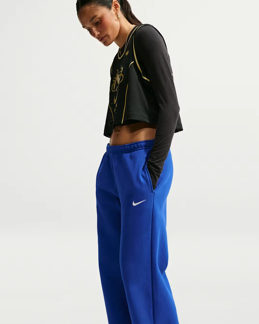 Женские брюки средней посадки с широкими штанинами Nike Studio Fleece Medium Weight, Old Royal/Sail — фото 4