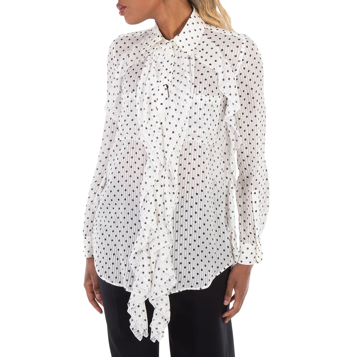 Блуза с воланами и принтом в горошек Ruffled Polka Dot Silk Chiffon Blouse Burberry, White — фото 3