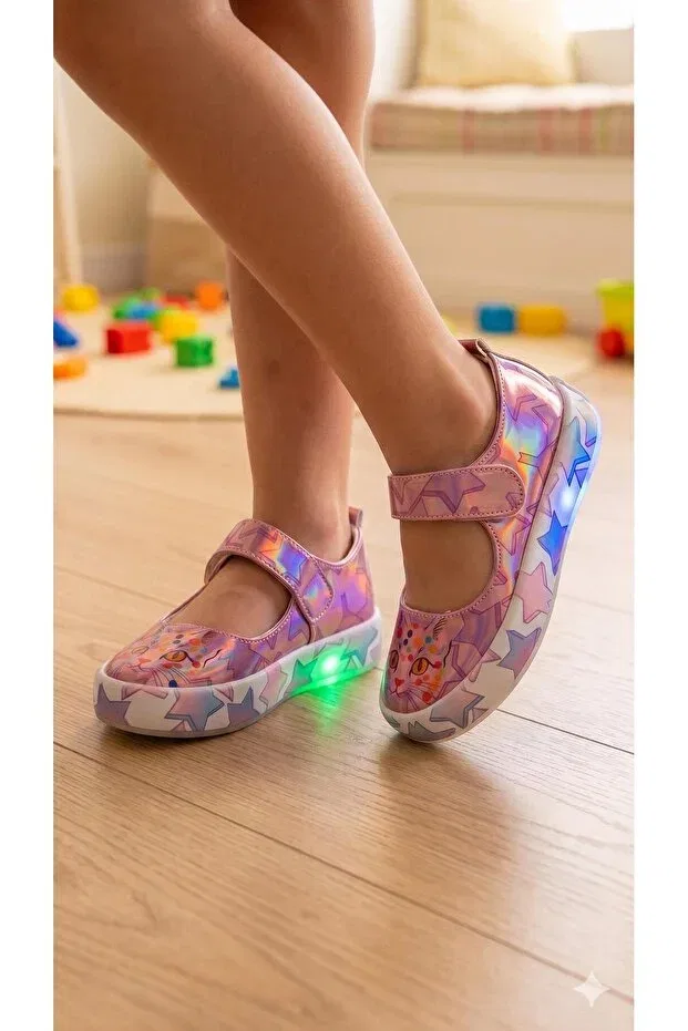 Детские балетки для девочек с принтом Hologram girls' ballerina casual shoes with lighted cat figure (light-free between sizes 31-35) Pabuçland, Pink — фото 3