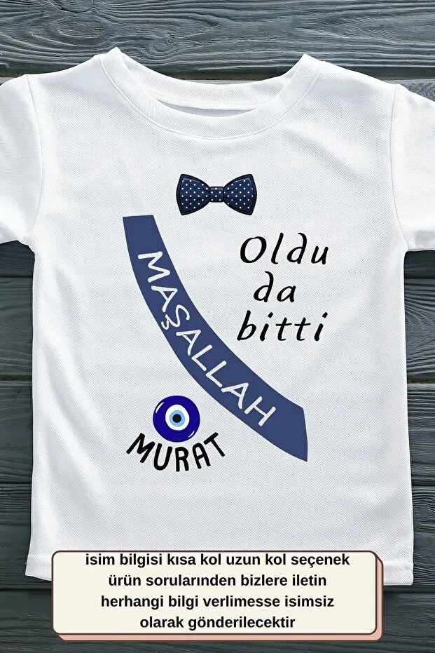 Детская футболка для девочек с принтом Personalized name written circumcision t-shirt - oldu da bitti maşallah b printed with bow tie Asilcomkids, White — фото 2