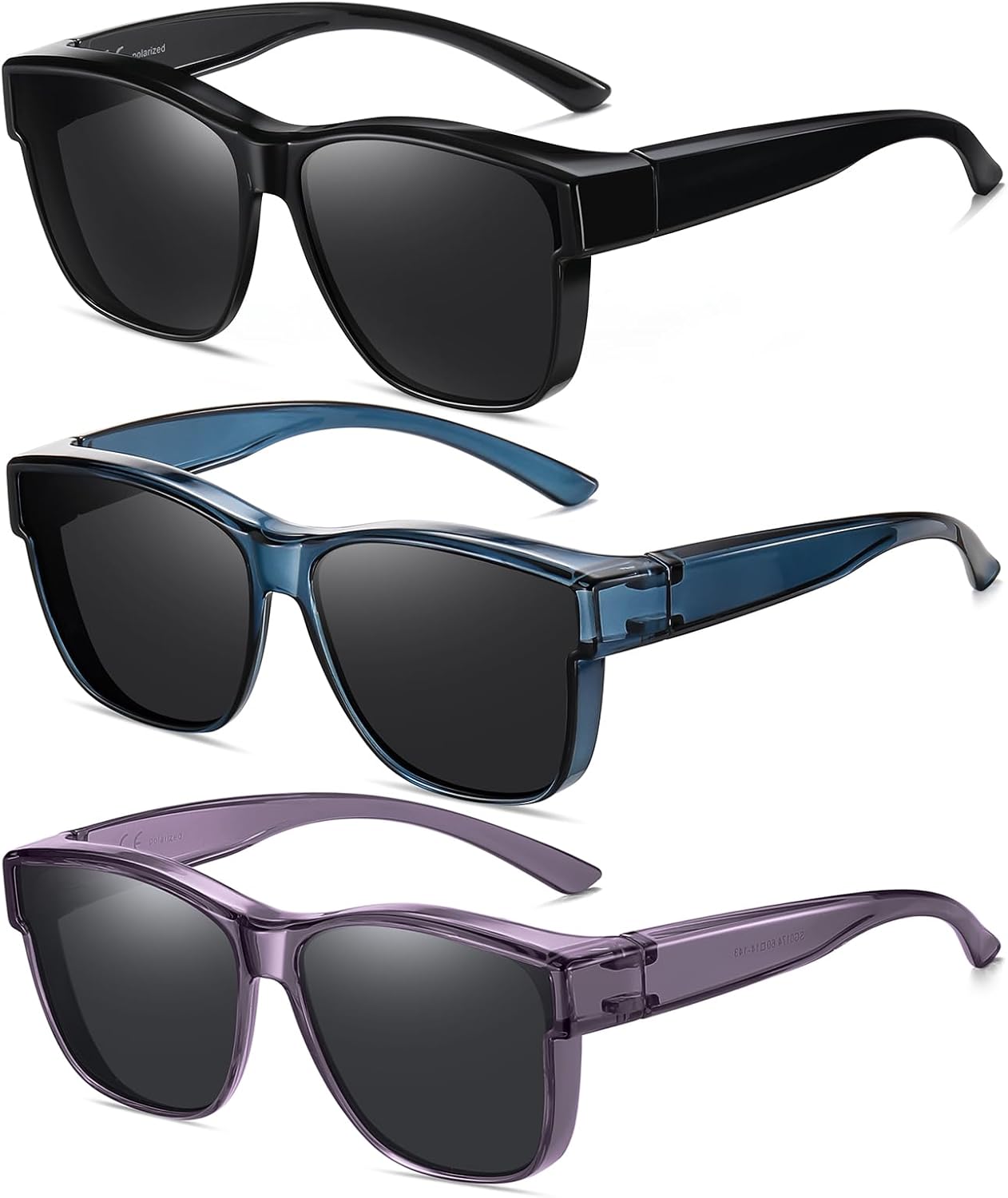 

Поляризованные солнцезащитные очки Wzerry женские, надеваемые поверх очков, UV400, для вождения и отдыха, 3 шт: черные/серые + прозрачные синие/серые + прозрачные фиолетовые/серые