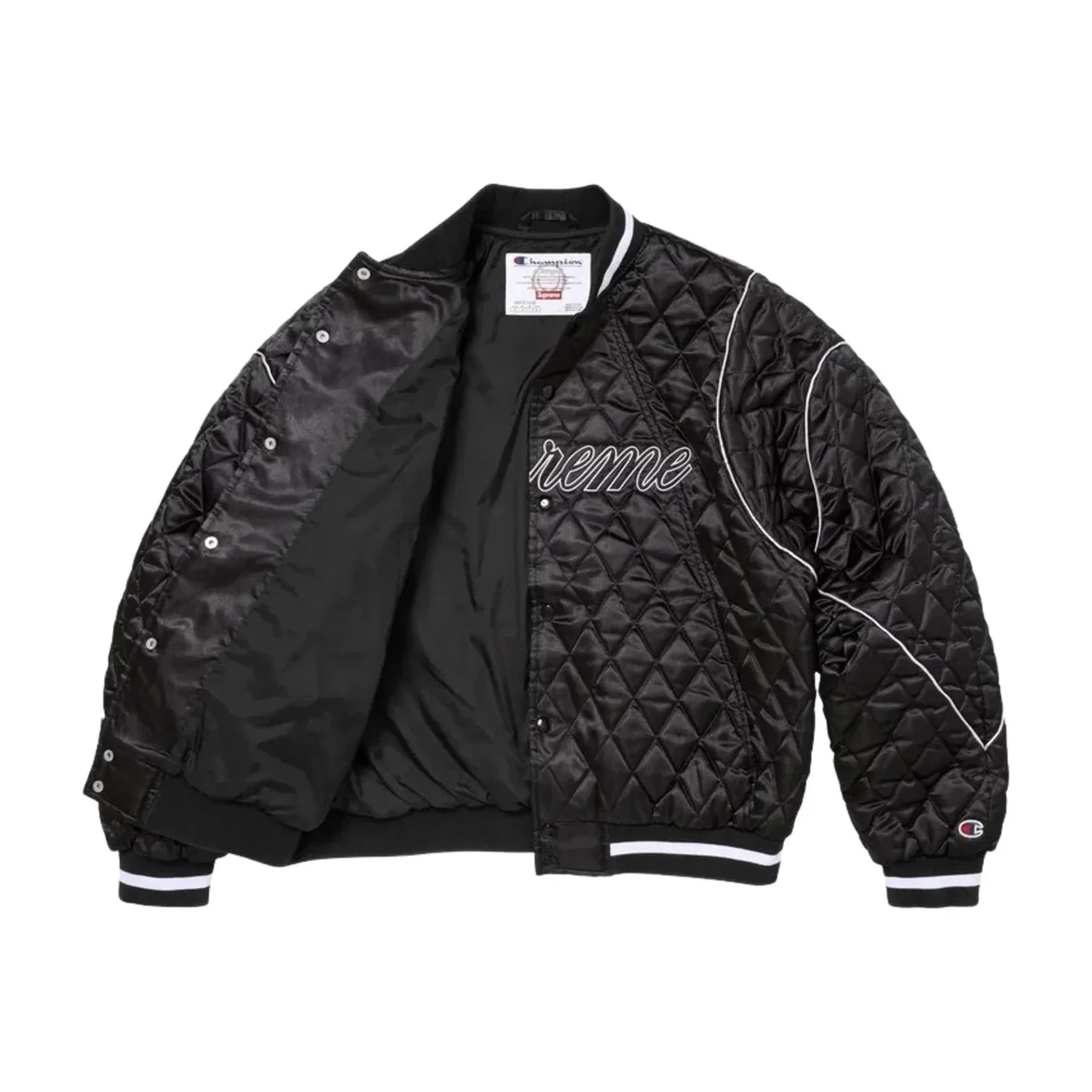 Мужская куртка Champion FW26 Quilted Satin Varsity Jacket 'Black' Supreme, черный — фото 2