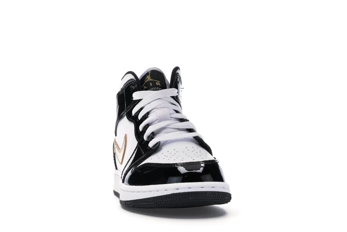 Детские кроссовки с патентованной кожей Jordan 1 Mid Jordan, Black/White-Metallic Gold — фото 2