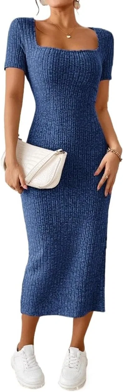 Женское миди-платье с квадратным вырезом и разрезом Casual, Blue