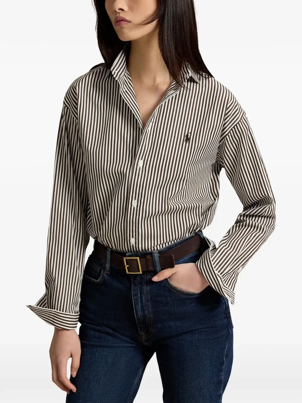 Полосатая хлопковая рубашка POLO RALPH LAUREN, коричневый — фото 2