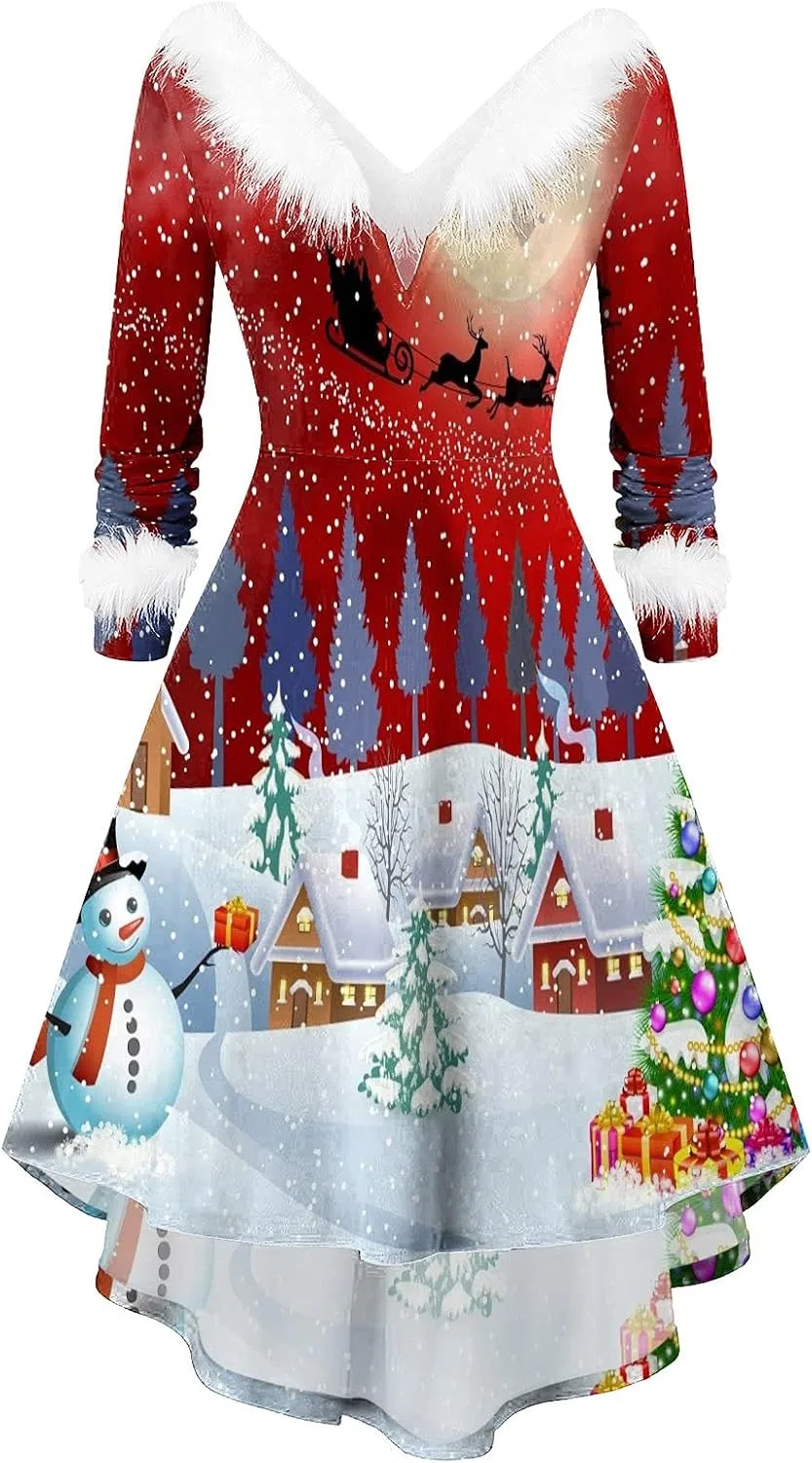 Женское платье-трапеция с длинным рукавом, с V-образным вырезом, Christmas, красный — фото 3