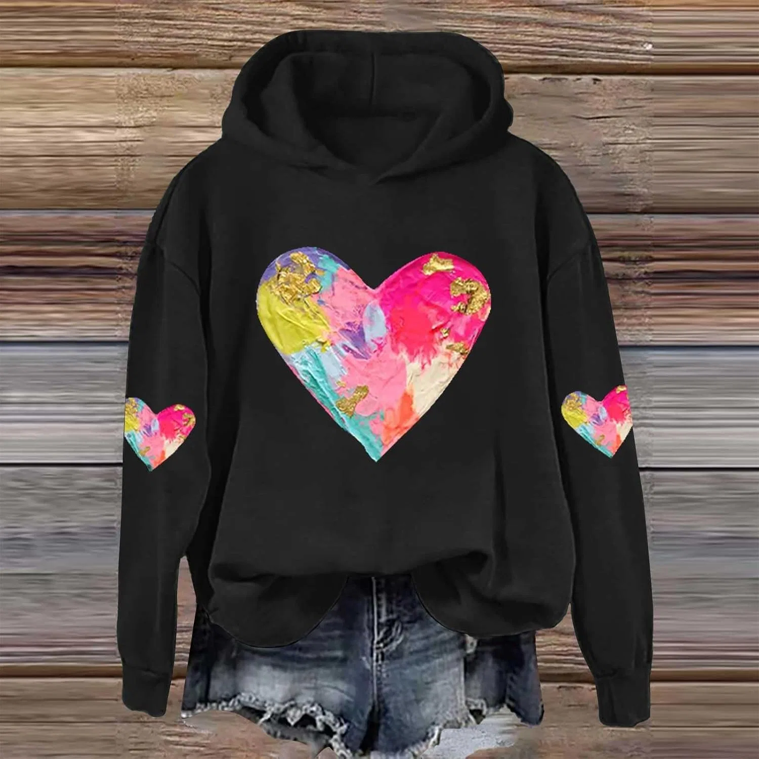 Женское худи с принтом Heart Tie Dye, чёрный — фото 2