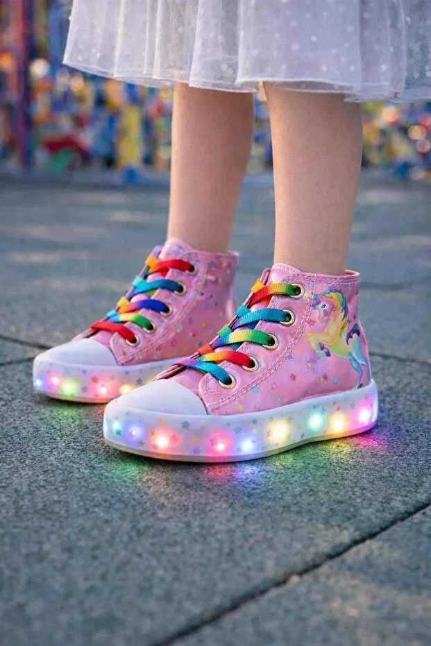 Детские спортивные туфли для девочек с принтом Unicorn patterned rainbow lace-up lighted girls' casual sports shoes Papuctime, Pink