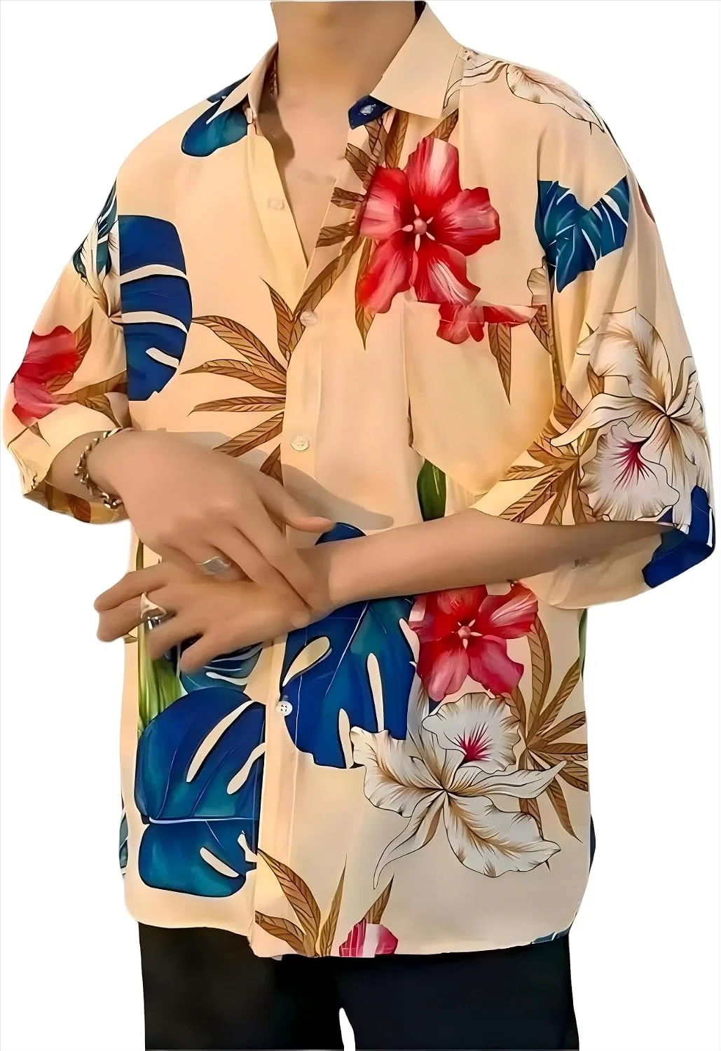 Мужская гавайская рубашка с коротким рукавом, с принтом, Floral Print Beige
