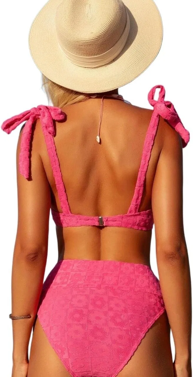 Женский бикини-комплект с высокой талией, Knot, Hot Pink