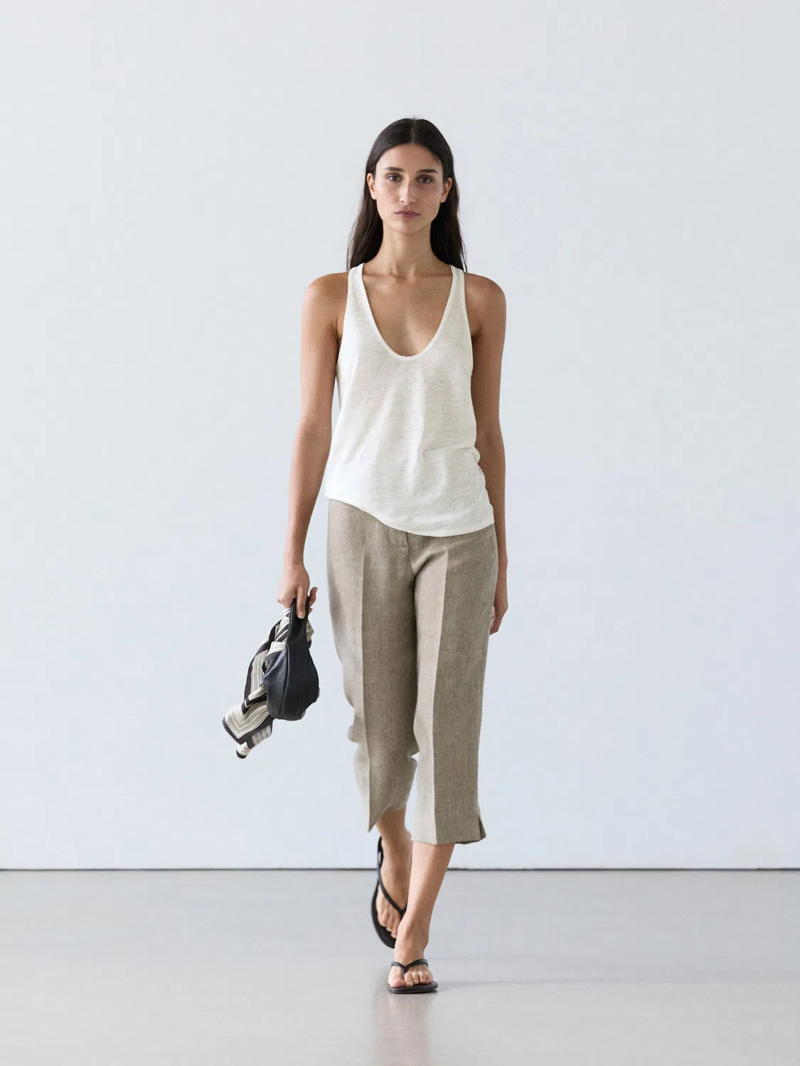 Топ на бретельках из 100% льна Massimo Dutti, Off-White