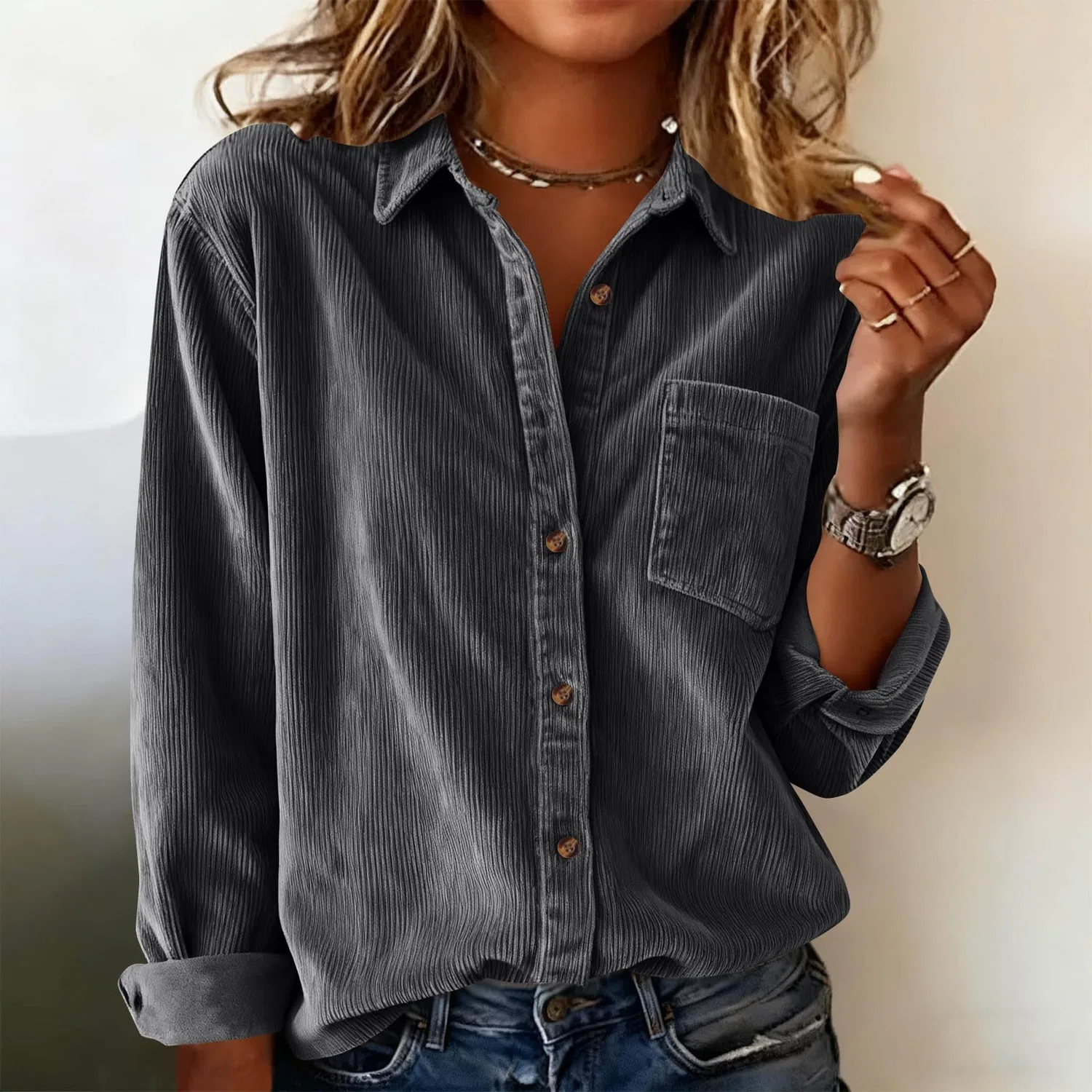 Женская рубашка из вельвета с длинным рукавом Oversized Boyfriend, Grey — фото 2