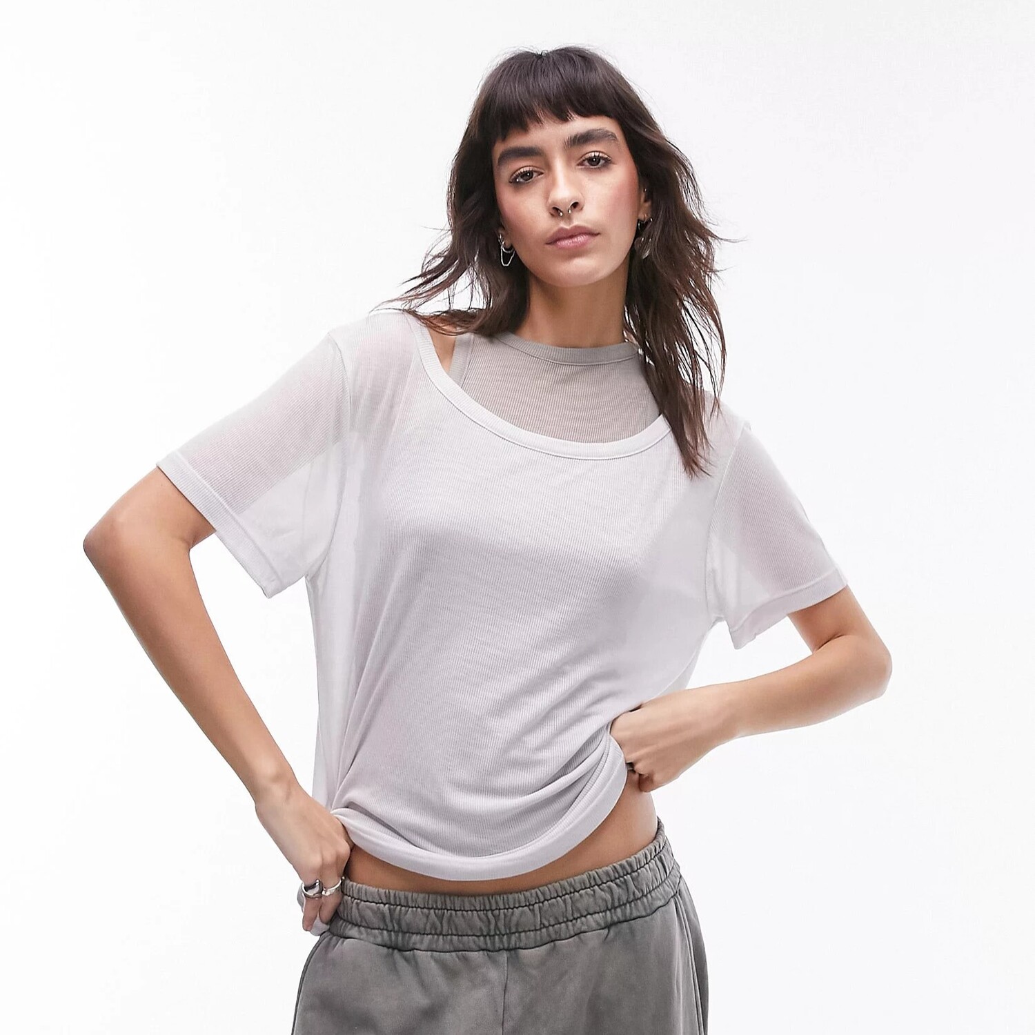 

Футболка Topshop Premium Basic Two-layer Transparent Loose Fit, светло-серый