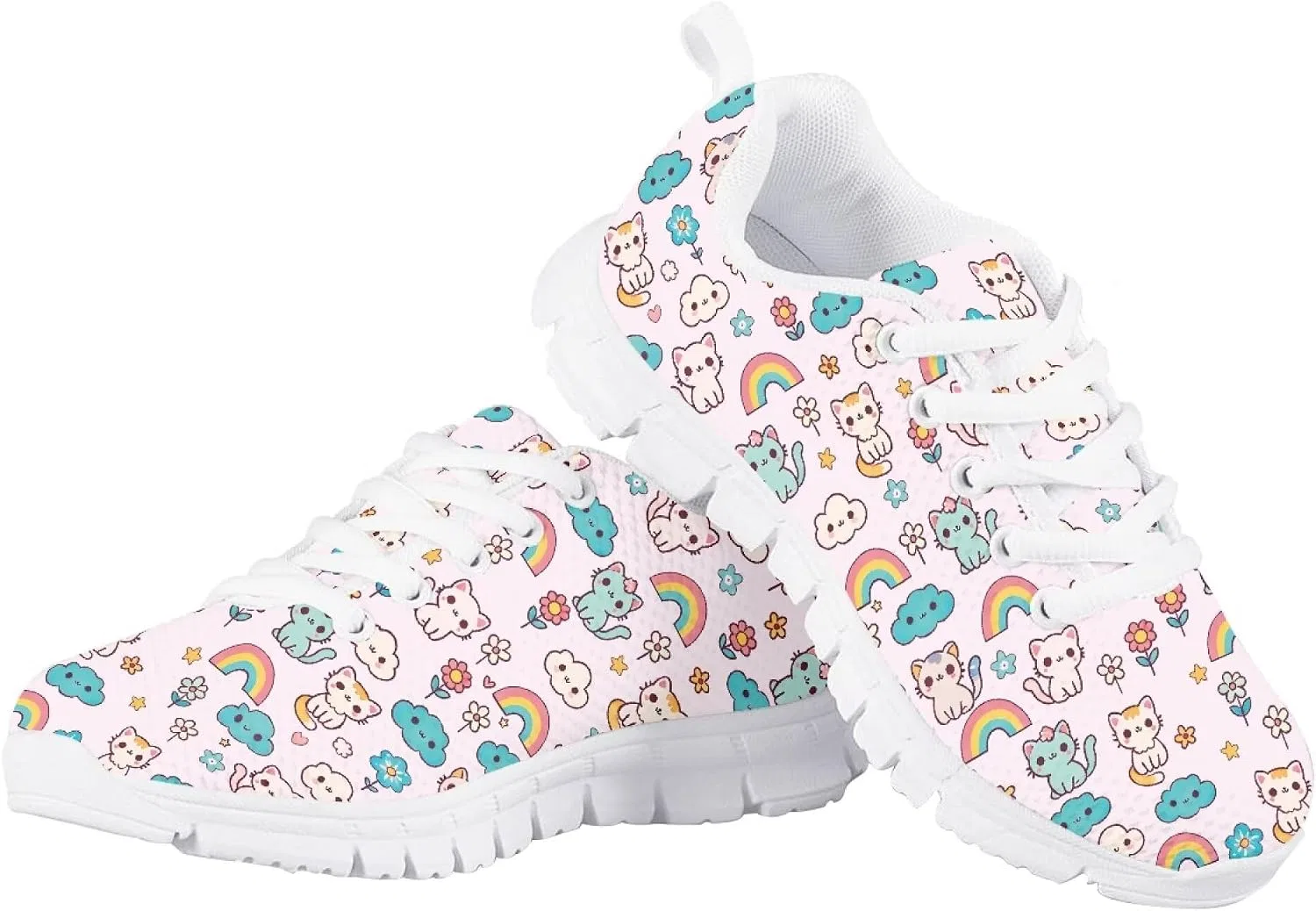 Детские кроссовки для девочек с принтом Fowototi, Pink Rainbow Floral Cat