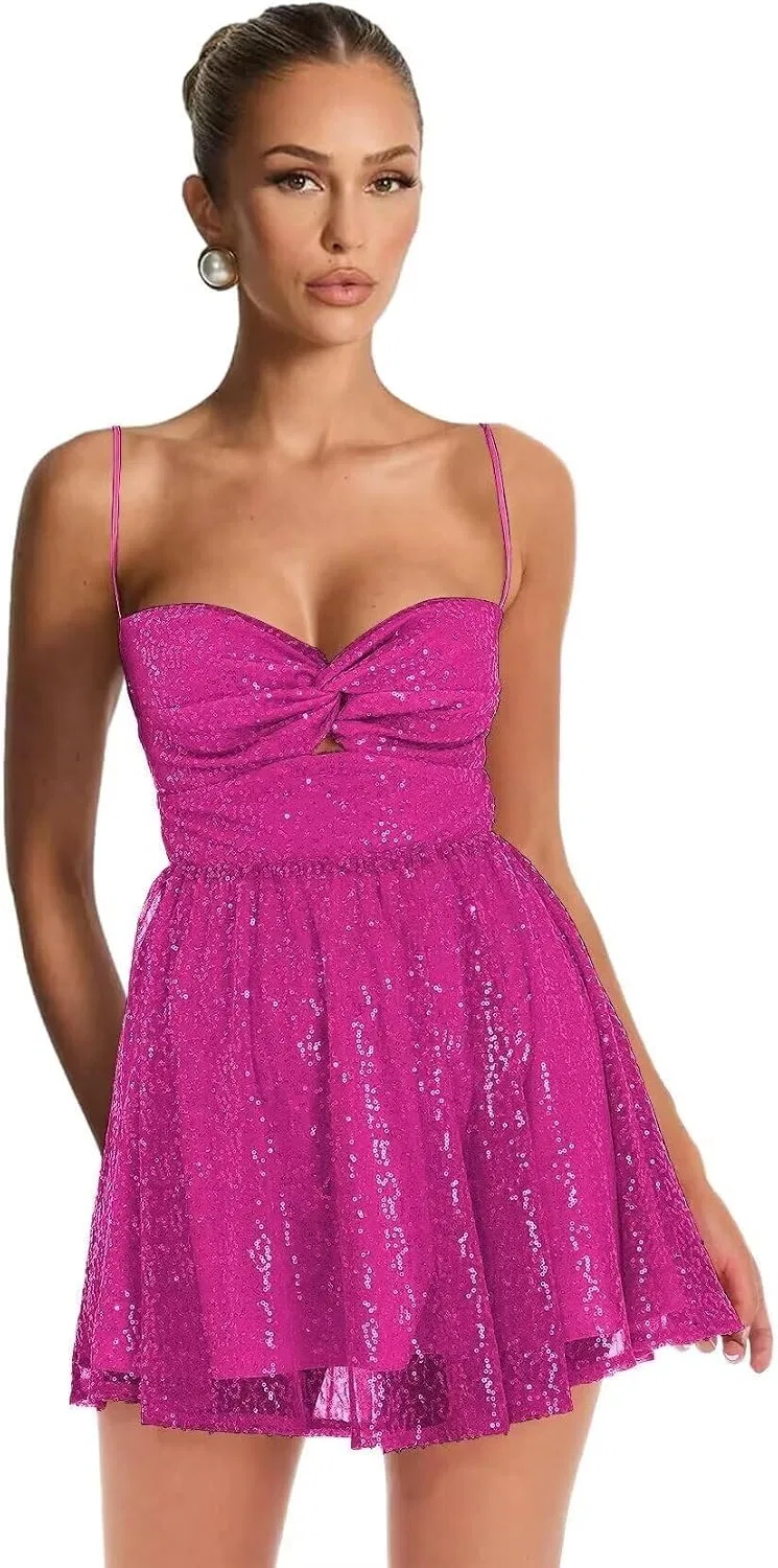 Женское коктейльное платье с пайетками и бантом LAS65, Hot Pink