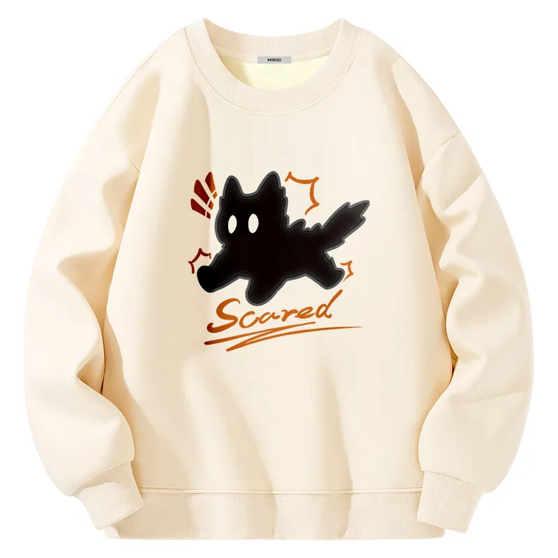 Детское худи с принтом MINISO, Heavyweight Air Layer Thermal Black (Scared Black Cat) — фото 3