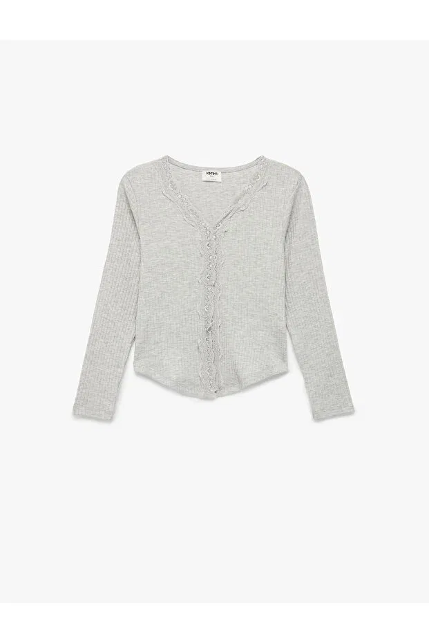 Детская футболка для девочек с длинным рукавом Lace Detailed Koton, Gray — фото 3