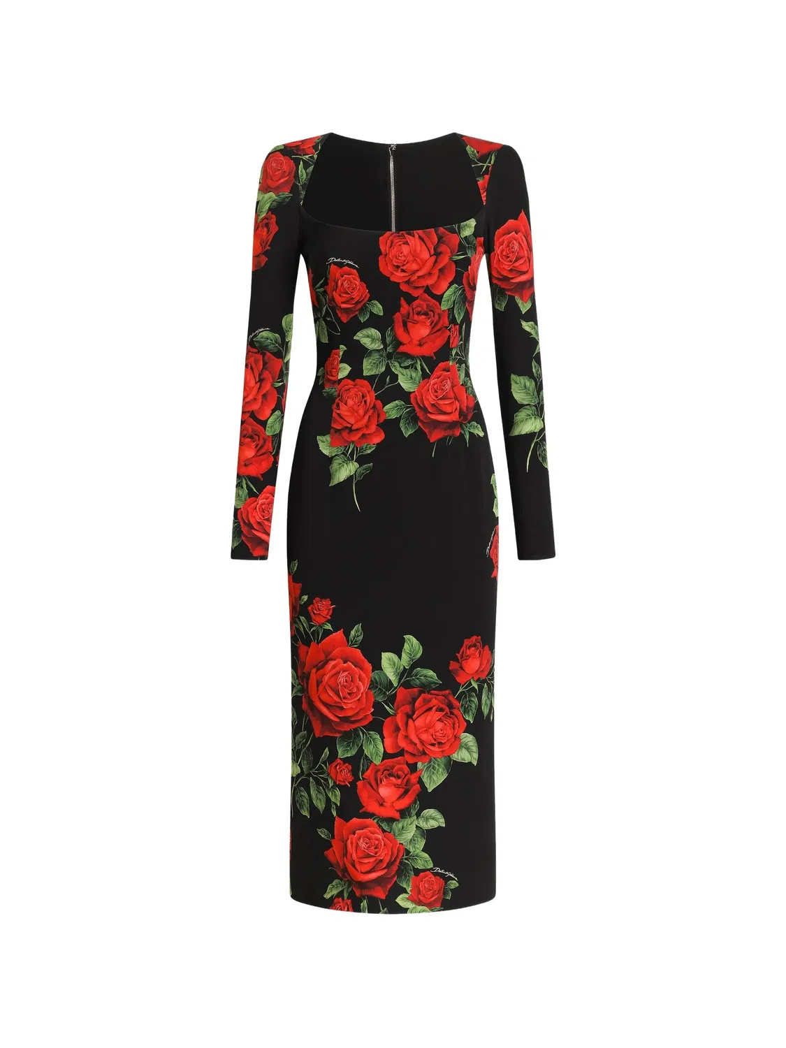 Платье миди из шармеза с принтом розы Dolce & Gabbana, черный