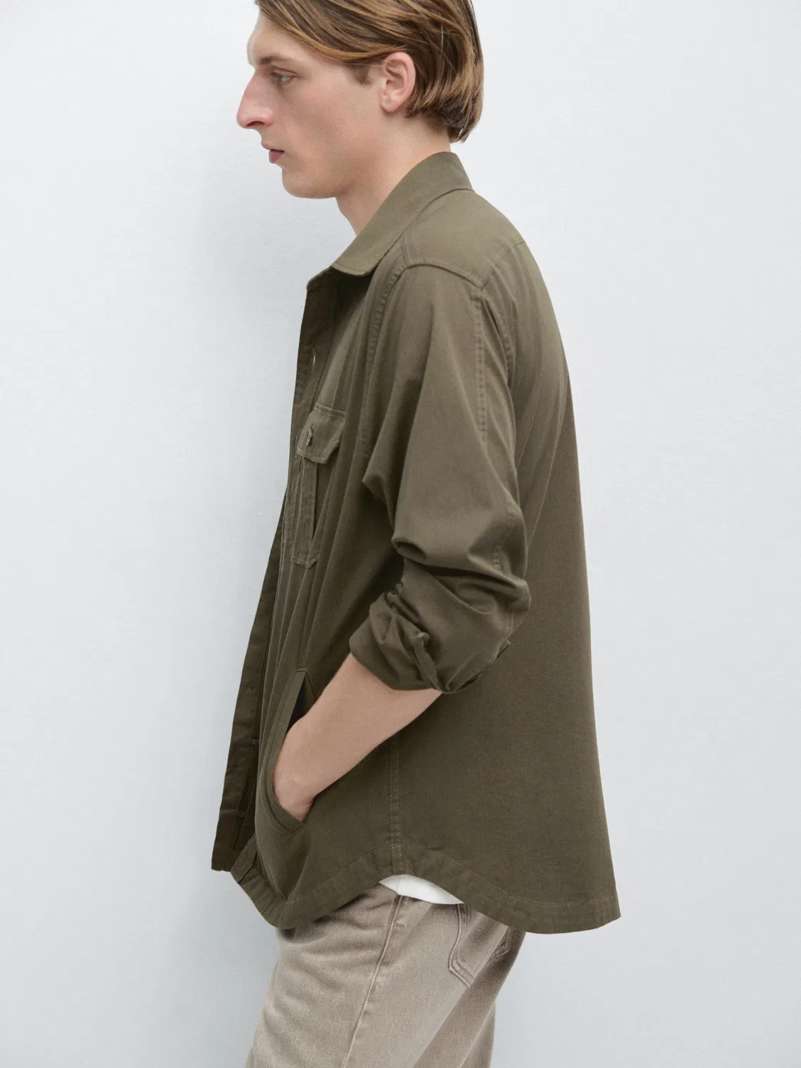 Рубашка-Куртка из смесовой хлопковой ткани с карманами Massimo Dutti, Medium Khaki — фото 2