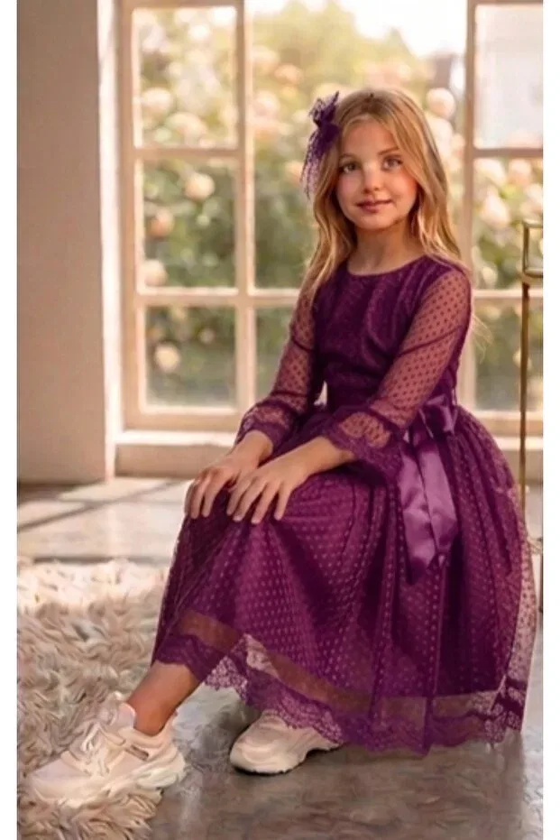 Детское платье для девочек с кружевом Guipure princess girl's dress with lace and buckle Rumi Kids, Purple — фото 2