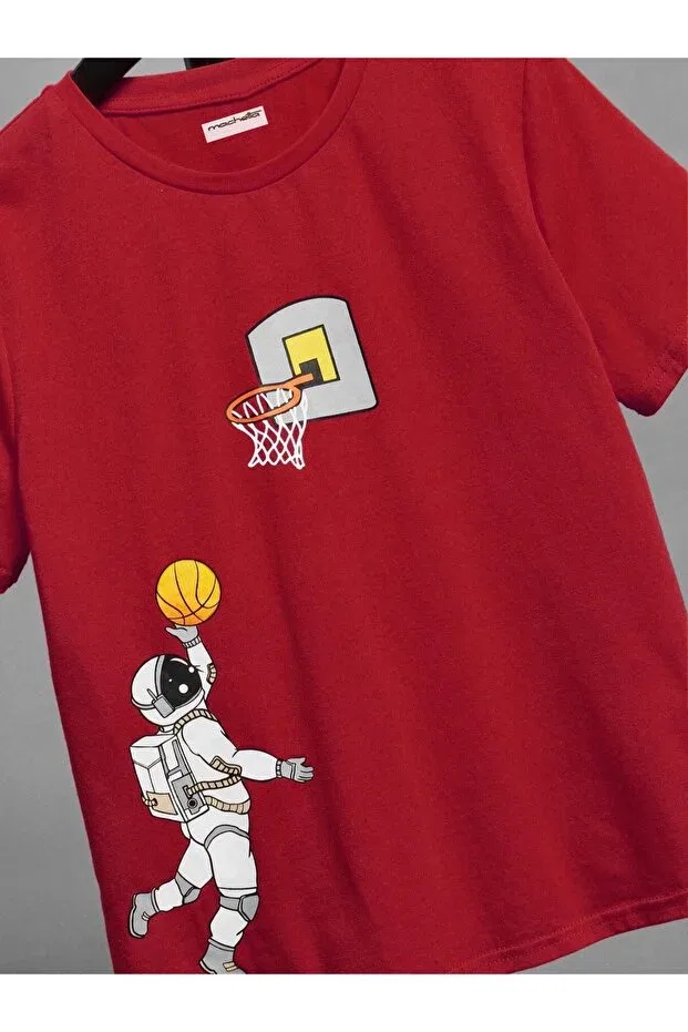 Детская футболка для мальчиков с принтом Kids Astronaut Playing Basketball Keywest, Red — фото 4