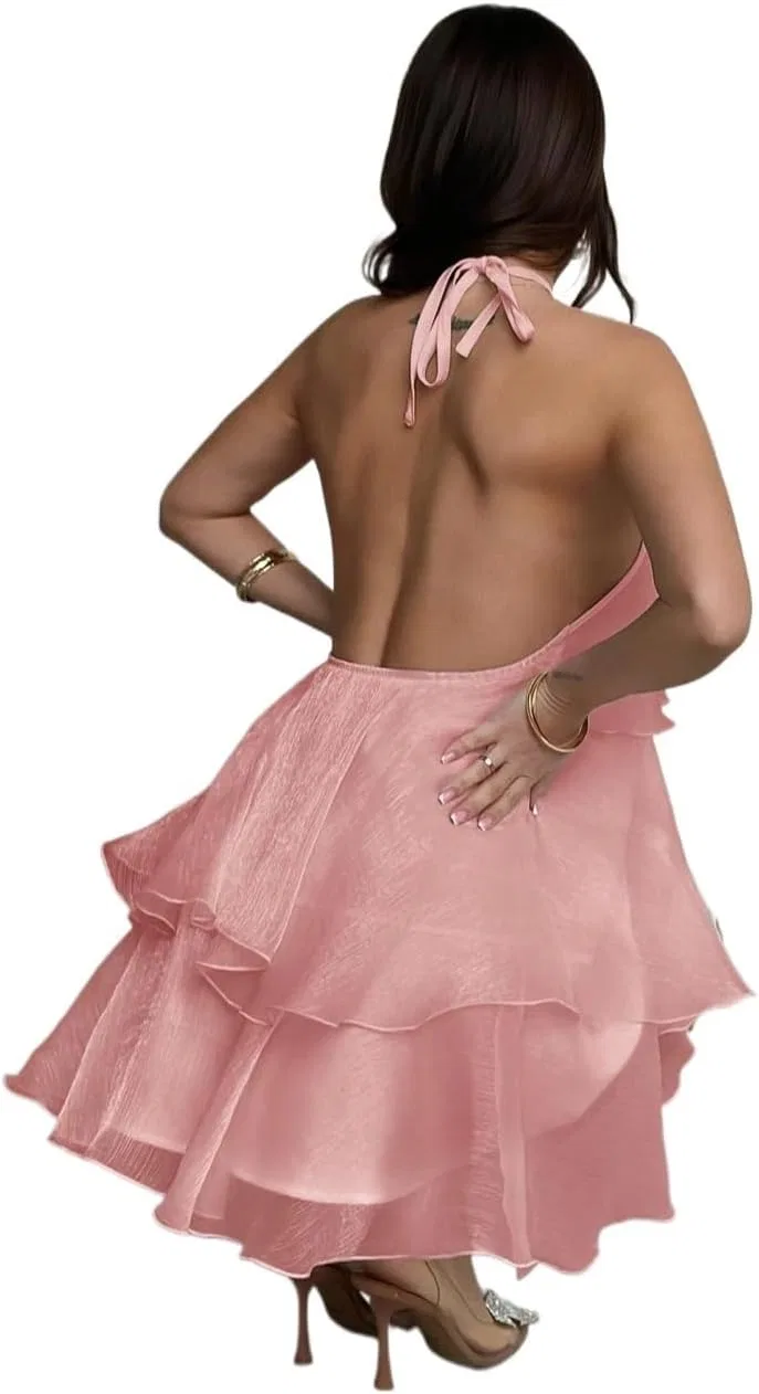 Женское элегантное мини-платье с открытой спиной и оборками, Pink — фото 3