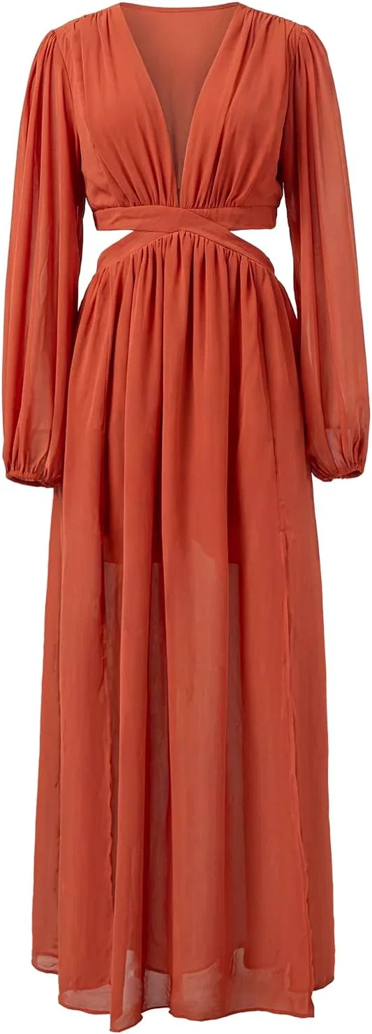 Женское длинное платье с V-образным вырезом и ажурной талией, Orange Brown