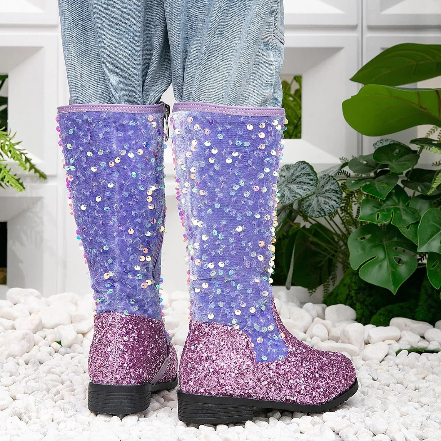 Детские сапоги для девочек с блестками до колена для верховой езды, Purple — фото 3