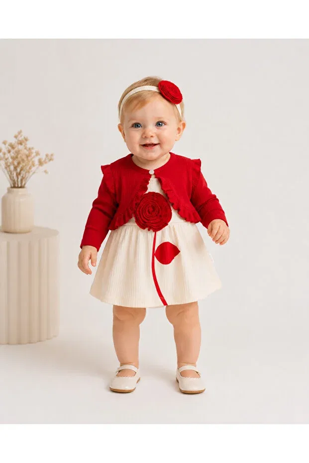 Детское платье для девочек с длинным рукавом Rose bolero bandana Aa Bebek, Red-Cream