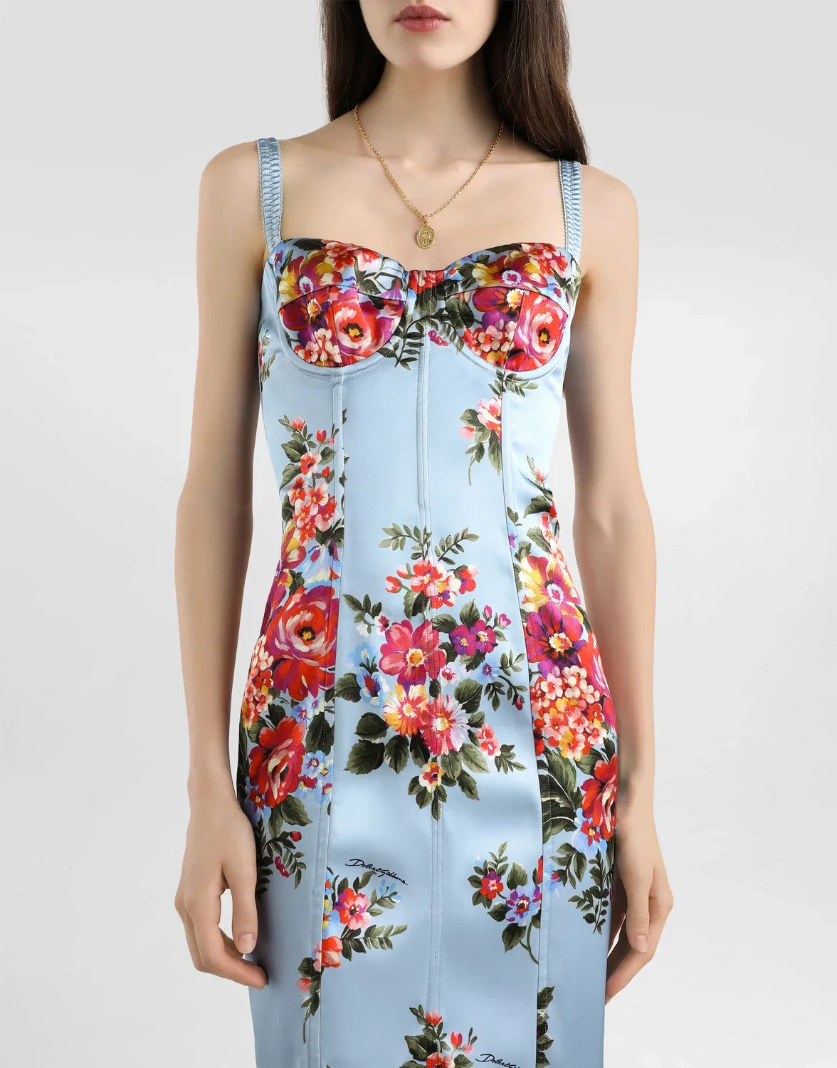 Атласное платье с цветочным принтом DOLCE & GABBANA, бежевый — фото 4
