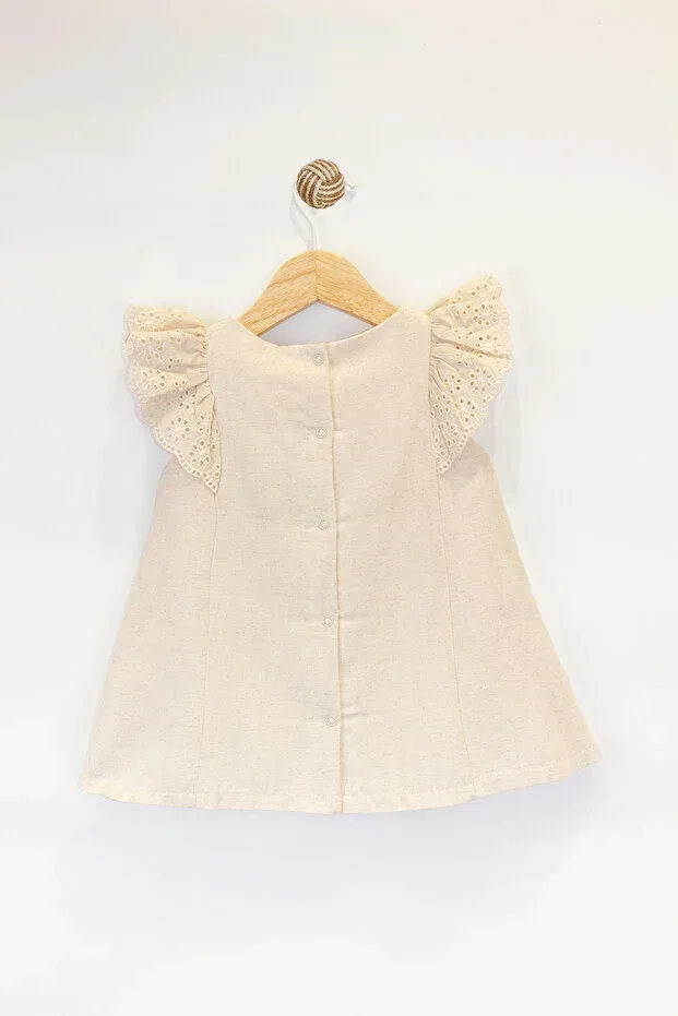 Детское платье для девочек кружевное Lace sleeve linen look summer natural stylish and comfortable cut baby girl dress Cassiope, Beige — фото 2