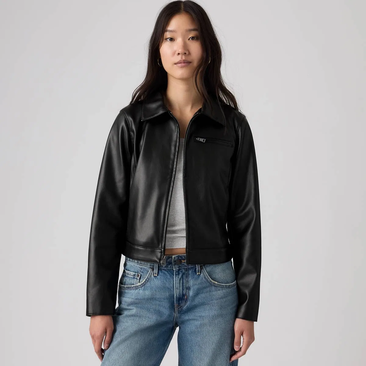 Куртка из искусственной кожи с откидной застежкой-молнией Levi's, Black Faux Leather - Black