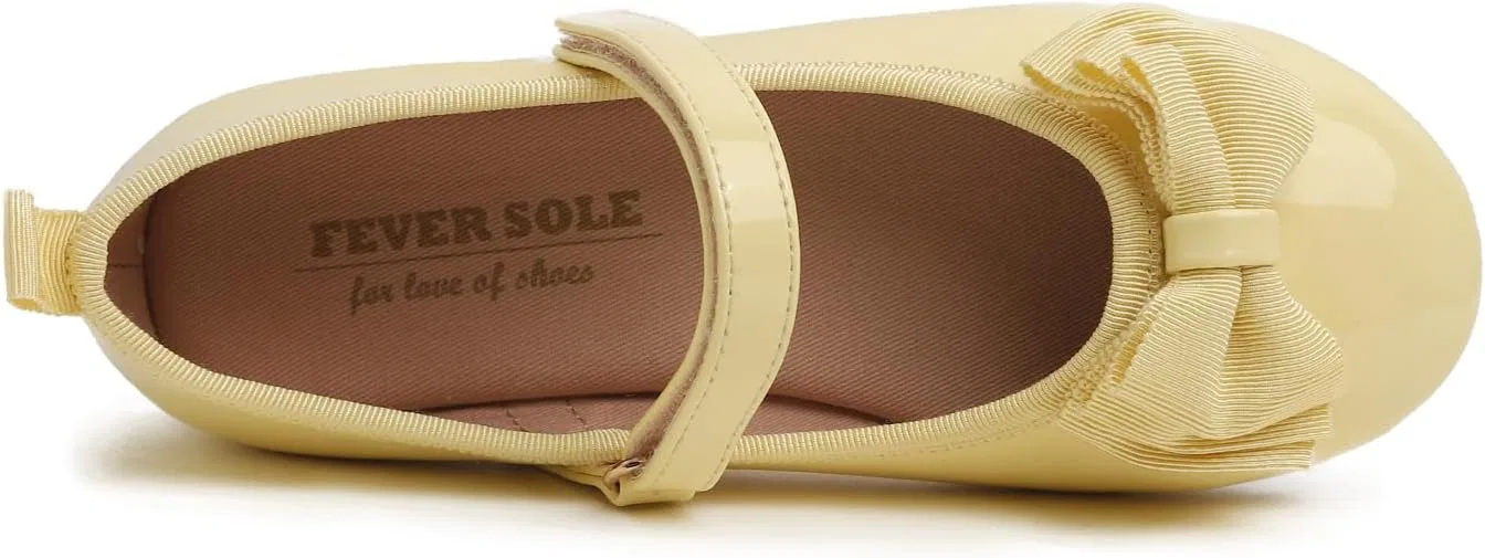 Детские балетки для девочек с принтом FEVERSOLE, Yellow Patent Vegan Leather Bow Tie Loop Maryjane — фото 2