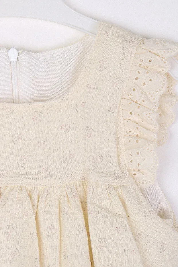 Детское платье для девочек с принтом Floral Patterned Straw Hat And Linen Dress Kinderos, Powder — фото 2
