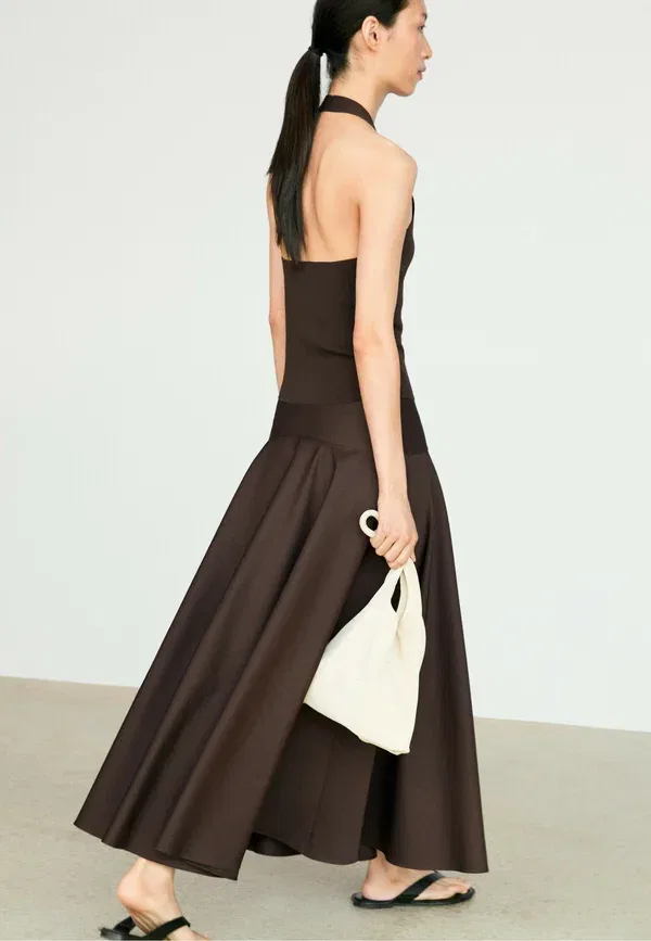 Юбка хлопковая Flounce midi skirt with yoke detail - maxi skirt Massimo Dutti, темно-коричневый — фото 3
