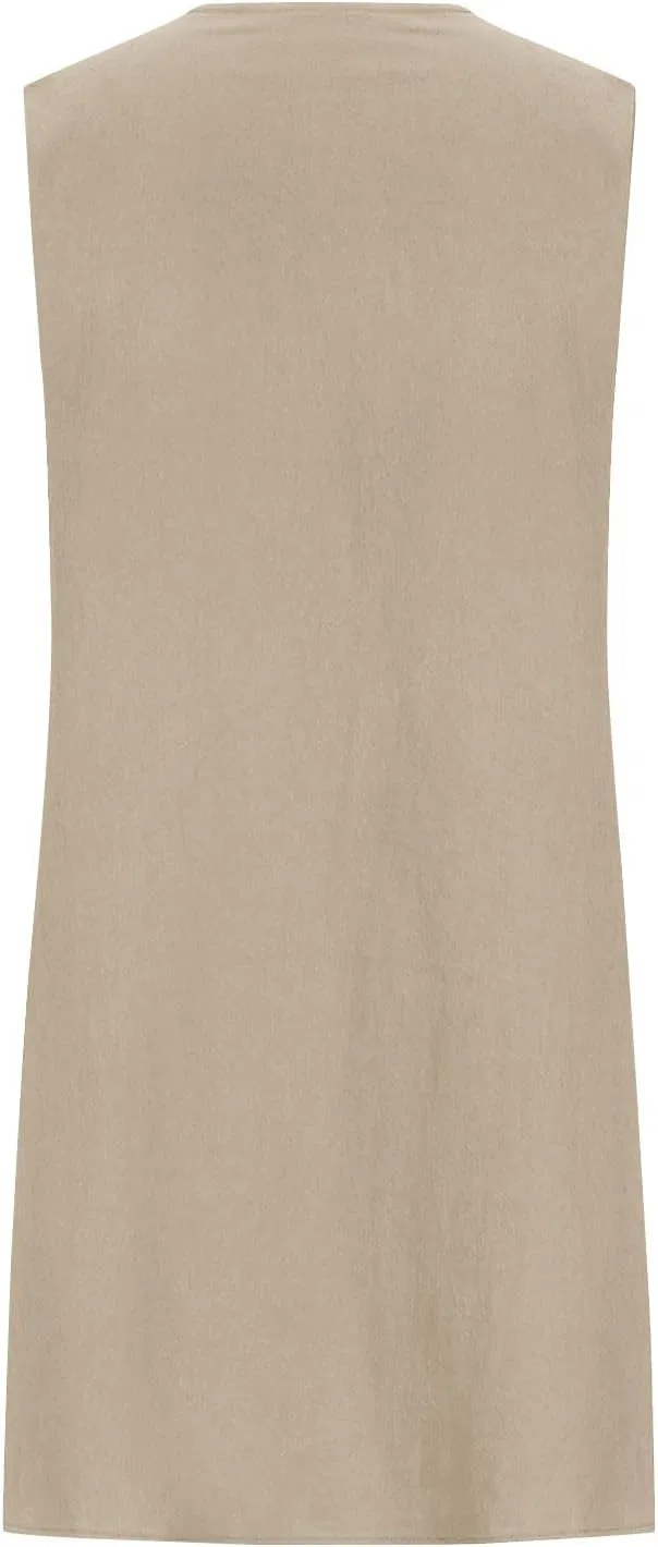 Женское летнее мини-платье с воротником-стойкой без рукавов, Beige — фото 4
