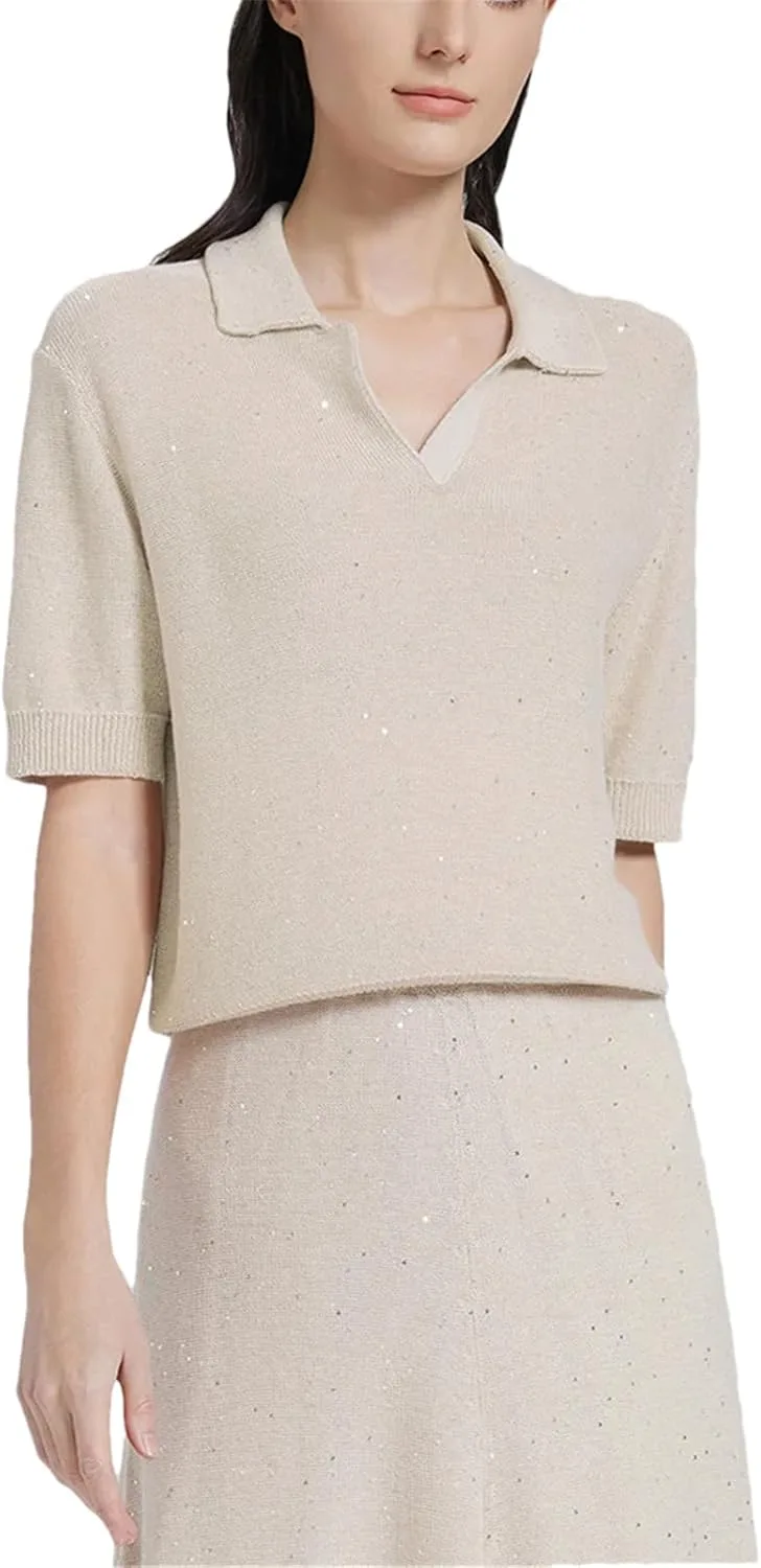 

Женский свитер-поло с пайетками, короткий рукав