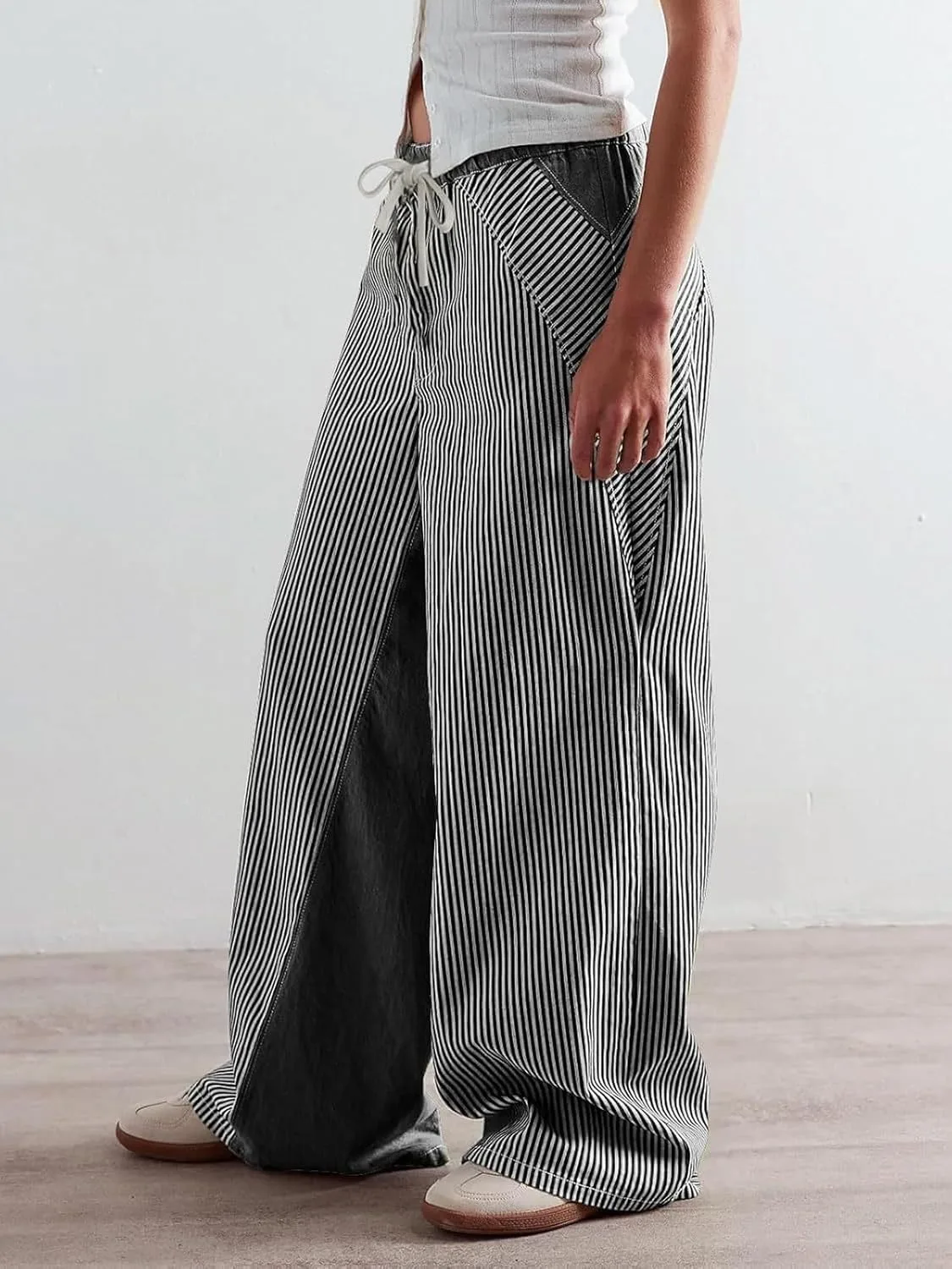 Женские джинсы с завязками свободного кроя wide leg в мягком цветном блоке с полосками — фото 2