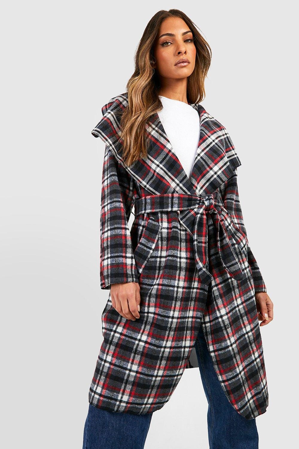 

Пальто с шальным воротником и поясом Boohoo, черный