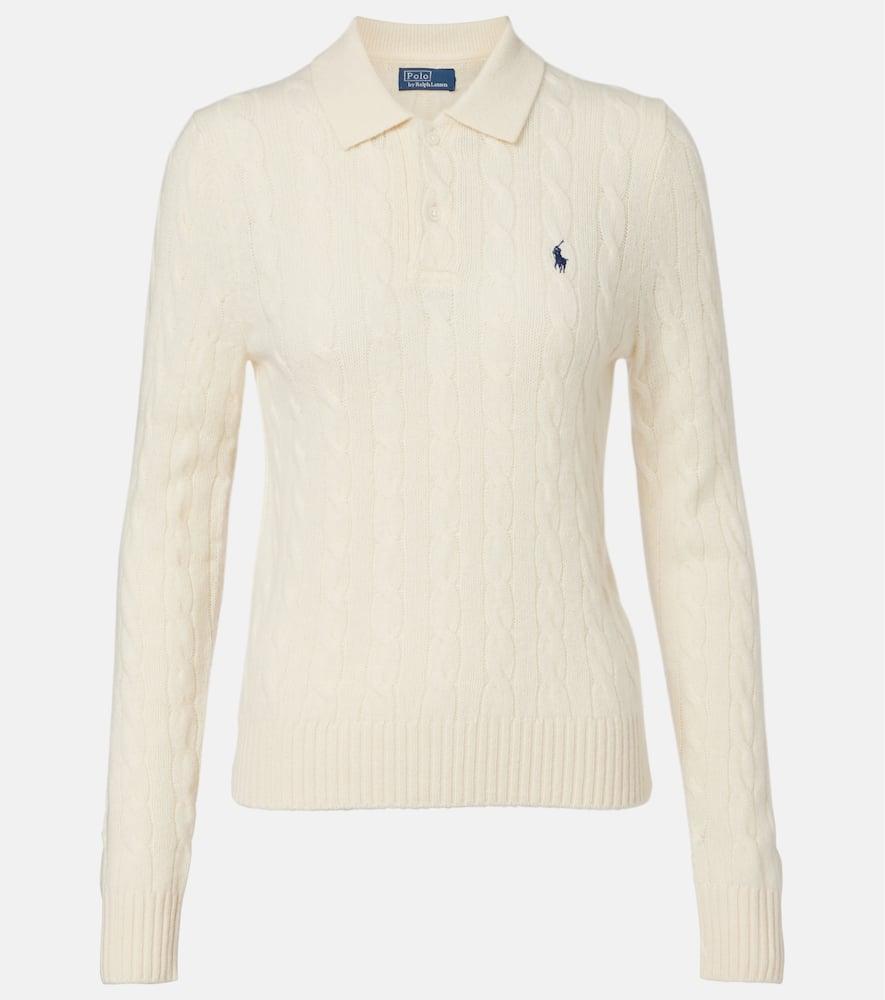 

Вязаный кабельным узором шерстяной поло-свитер с кашемиром Polo Ralph Lauren, Authentic Cream