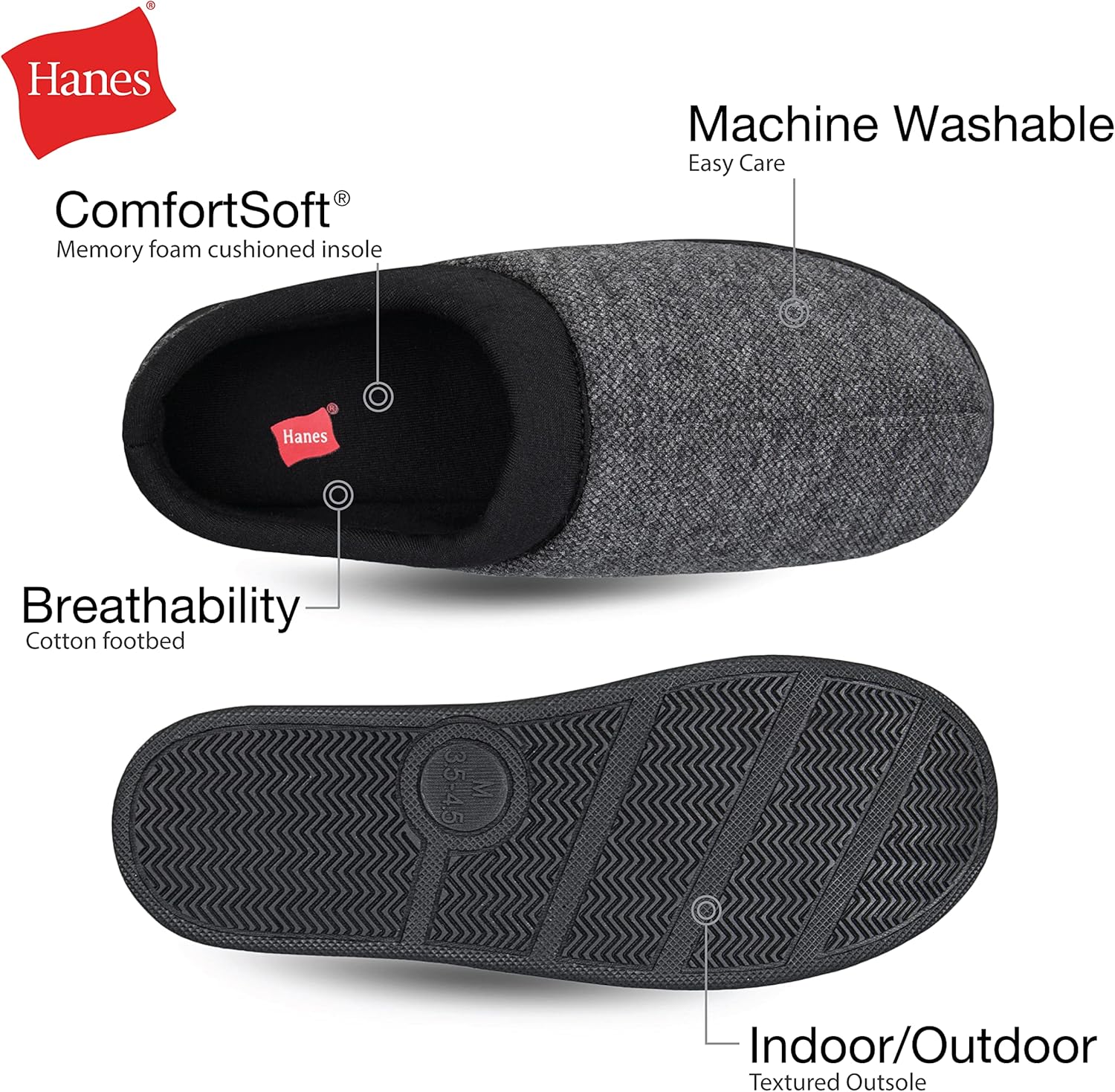 Мужские войлочные тапочки Hanes с подошвой из пены с эффектом памяти для дома и улицы, черный — фото 2