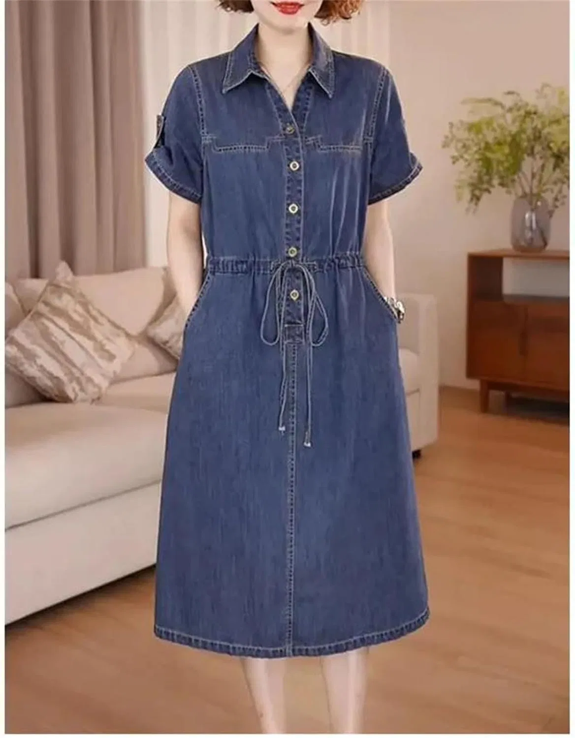 Женское джинсовое платье миди с коротким рукавом, Denim Blue — фото 3