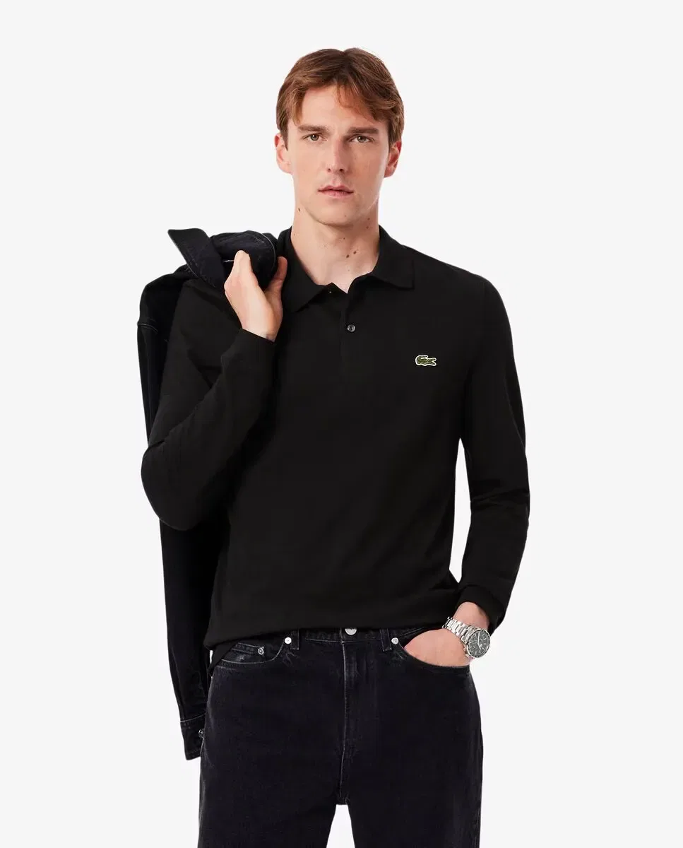 Поло Lacoste с длинным рукавом, slim fit, хлопок пике, Negro