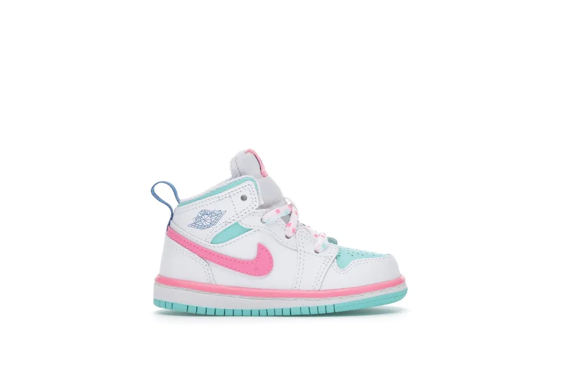 Детские кроссовки с кожаным верхом Jordan 1 Mid Jordan, White/Digital Pink-Aurora Green-Soar