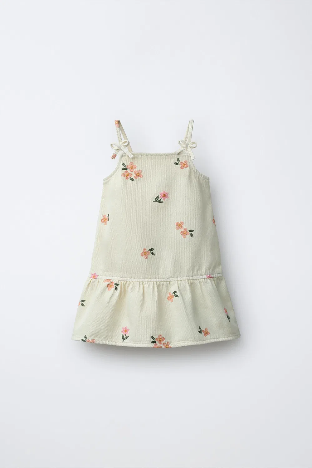 Платье из саржи с вышитыми цветами ZARA, Ecru